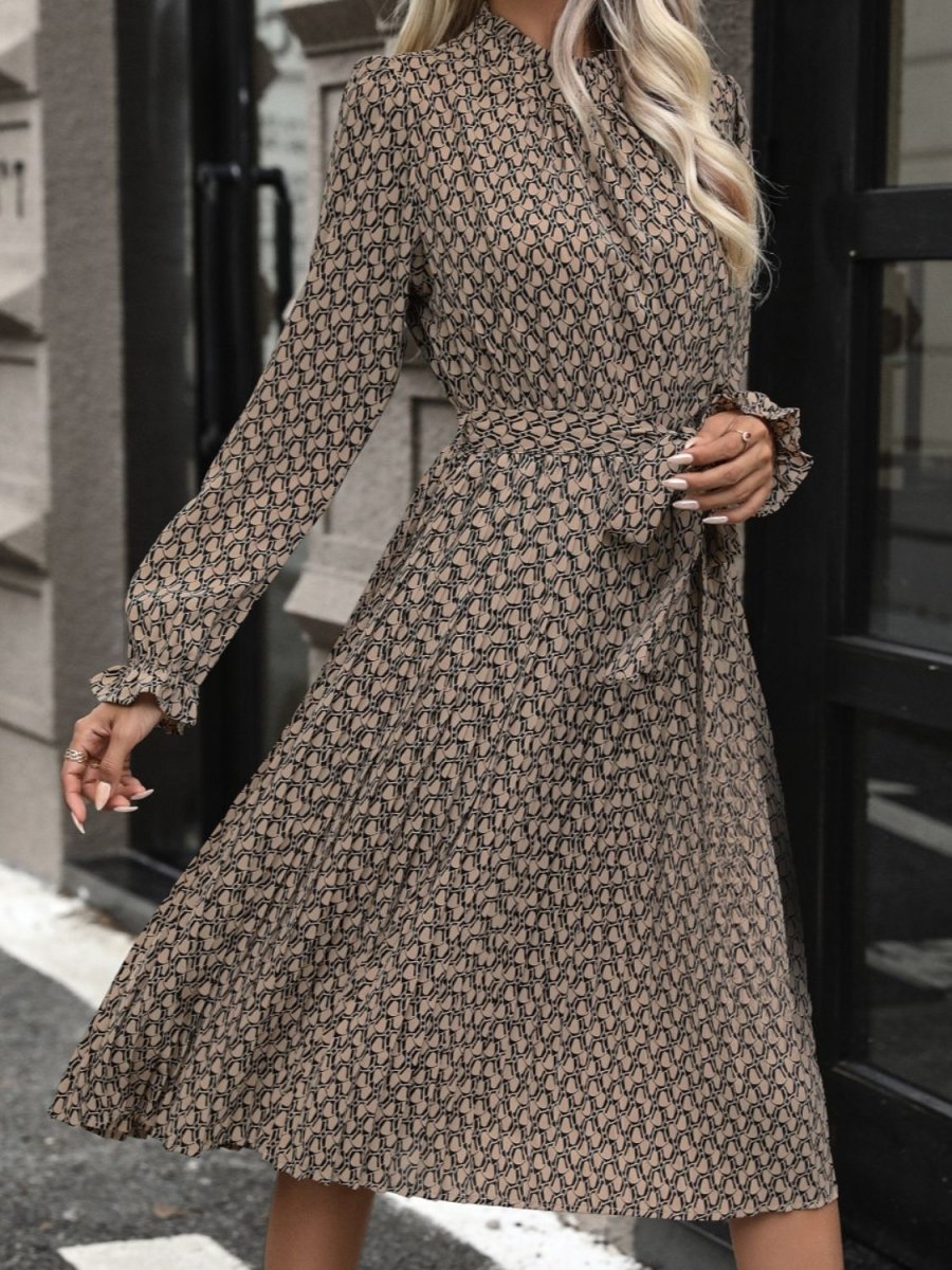 Perfee Printed Mock Neck Flounce Sleeve Dress | Midi Dresses | 3