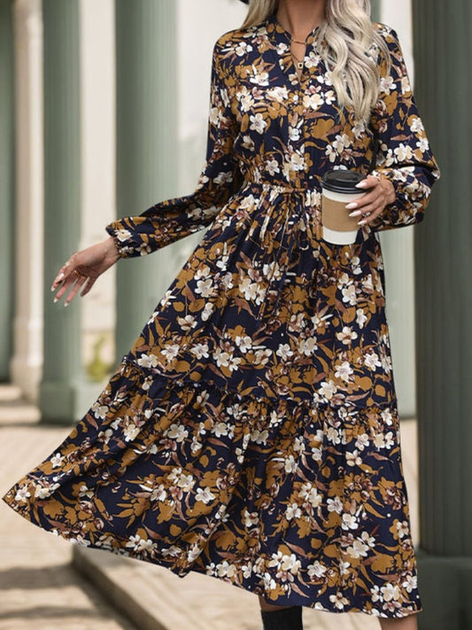 Perfee Printed Notched Long Sleeve Midi Dress | Midi Dresses | 1