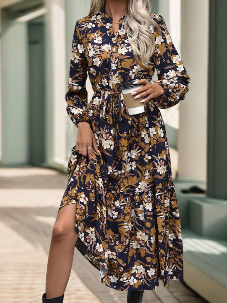 Perfee Printed Notched Long Sleeve Midi Dress | Midi Dresses | 3