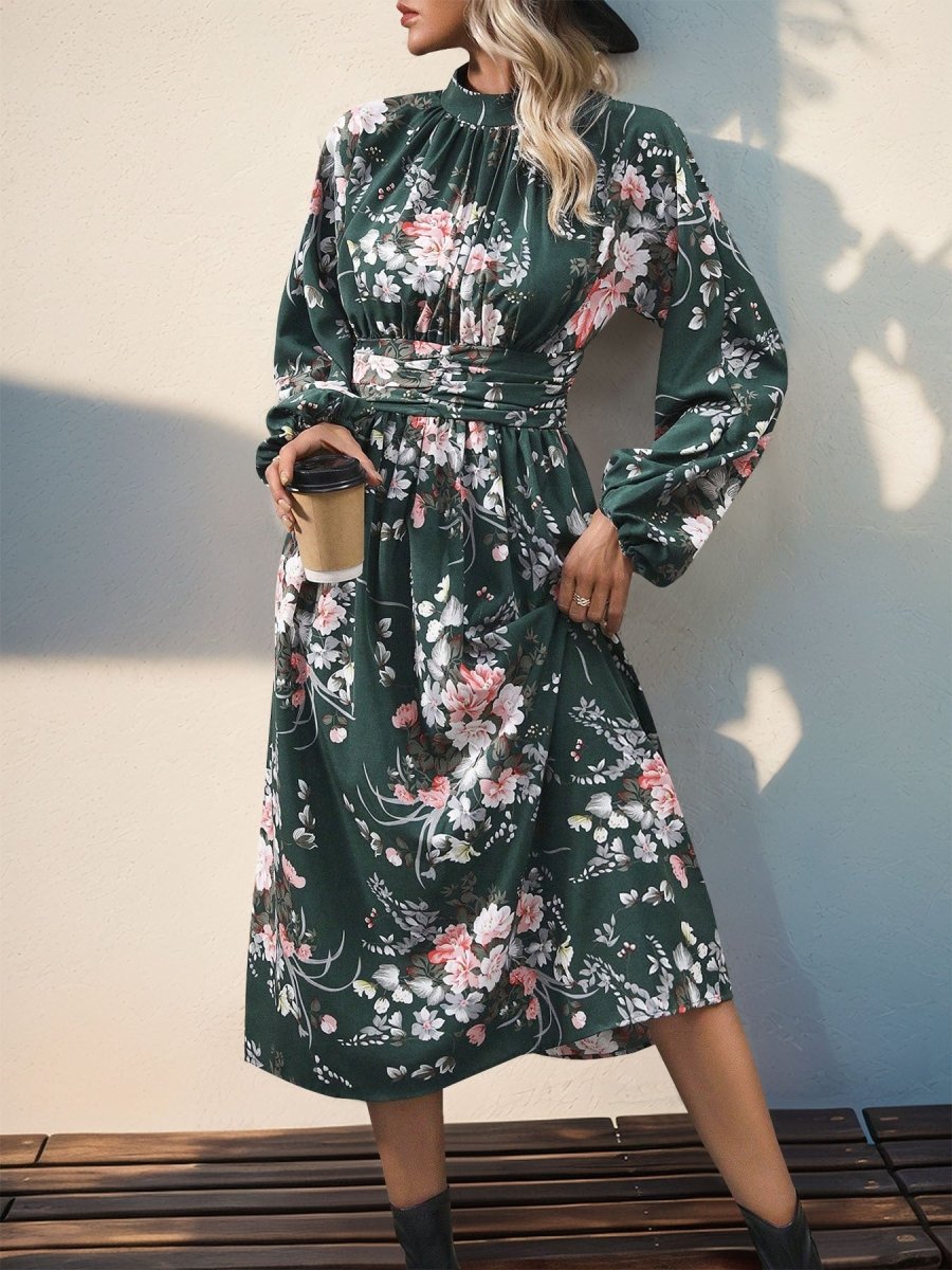 Perfee Ruched Printed Mock Neck Long Sleeve Midi Dress | Midi Dresses | 3