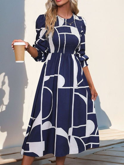 Perfee Smocked Color Block Long Sleeve Midi Dress | Midi Dresses | 3