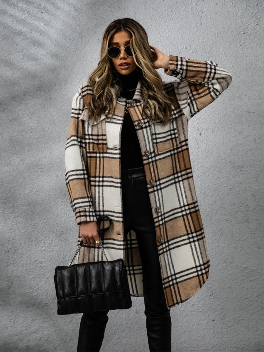 Plaid Collared Neck Long Sleeve Coat | Coats | 7