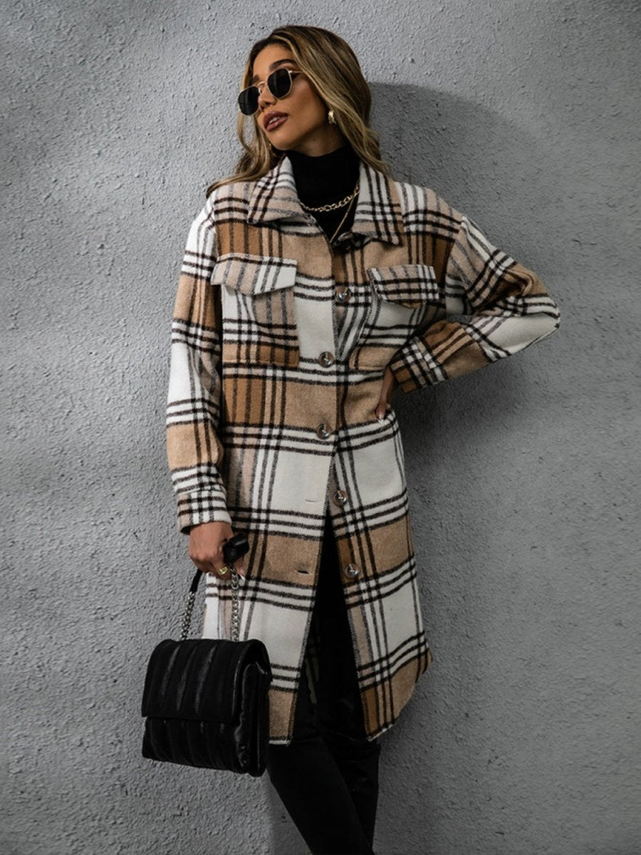 Plaid Collared Neck Long Sleeve Coat | Coats | 4