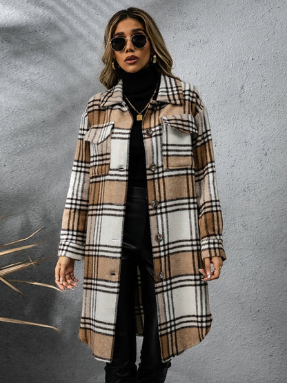 Plaid Collared Neck Long Sleeve Coat | Coats | 6