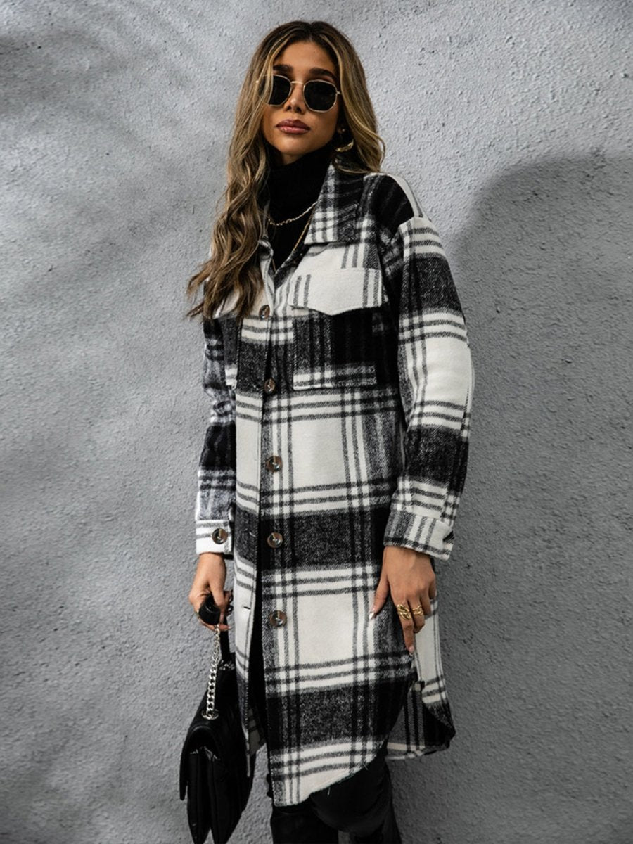 Plaid Collared Neck Long Sleeve Coat | Coats | 12