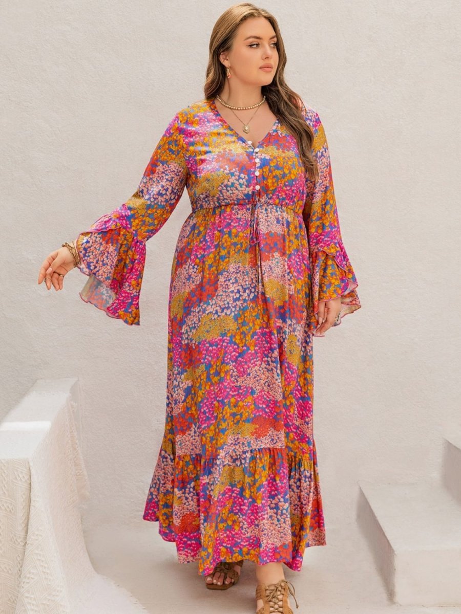 Plus Size Printed V - Neck Long Sleeve Maxi Dress | Maxi Dresses | 6