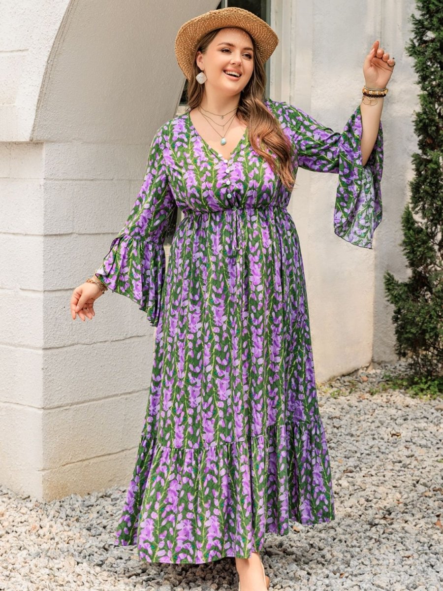 Plus Size Printed V - Neck Long Sleeve Maxi Dress | Maxi Dresses | 10