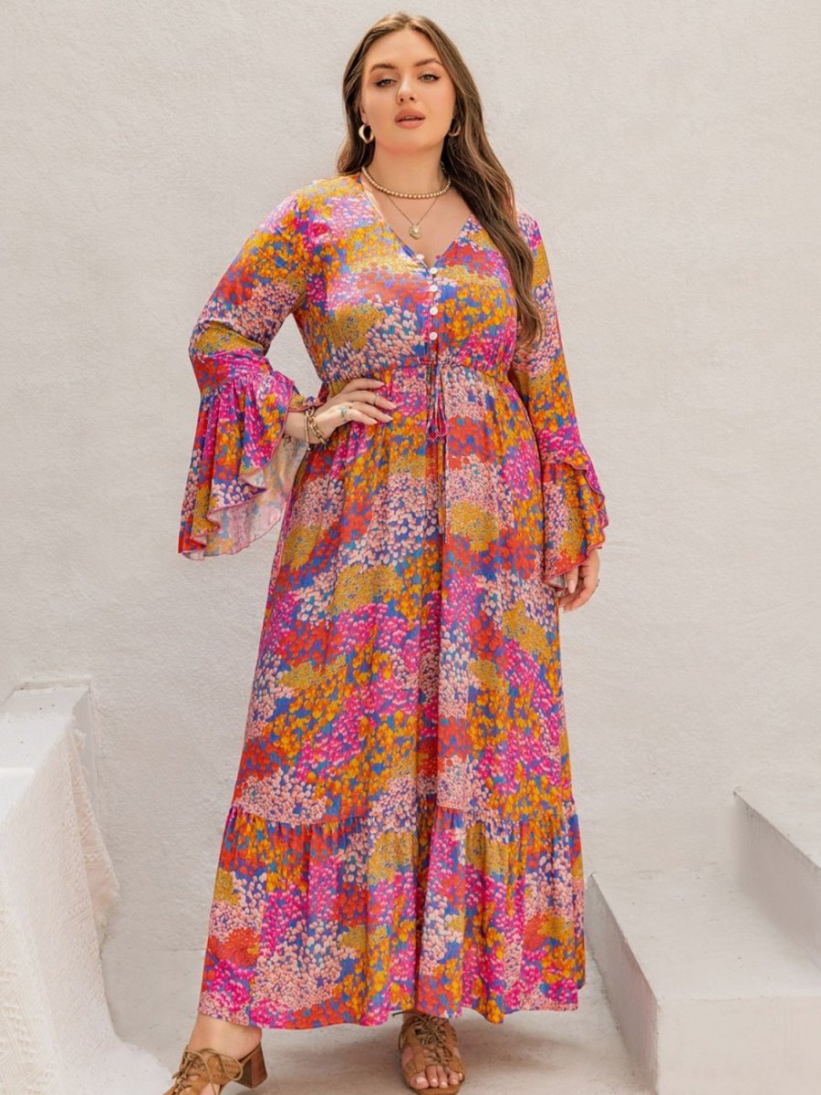 Plus Size Printed V - Neck Long Sleeve Maxi Dress | Maxi Dresses | 5