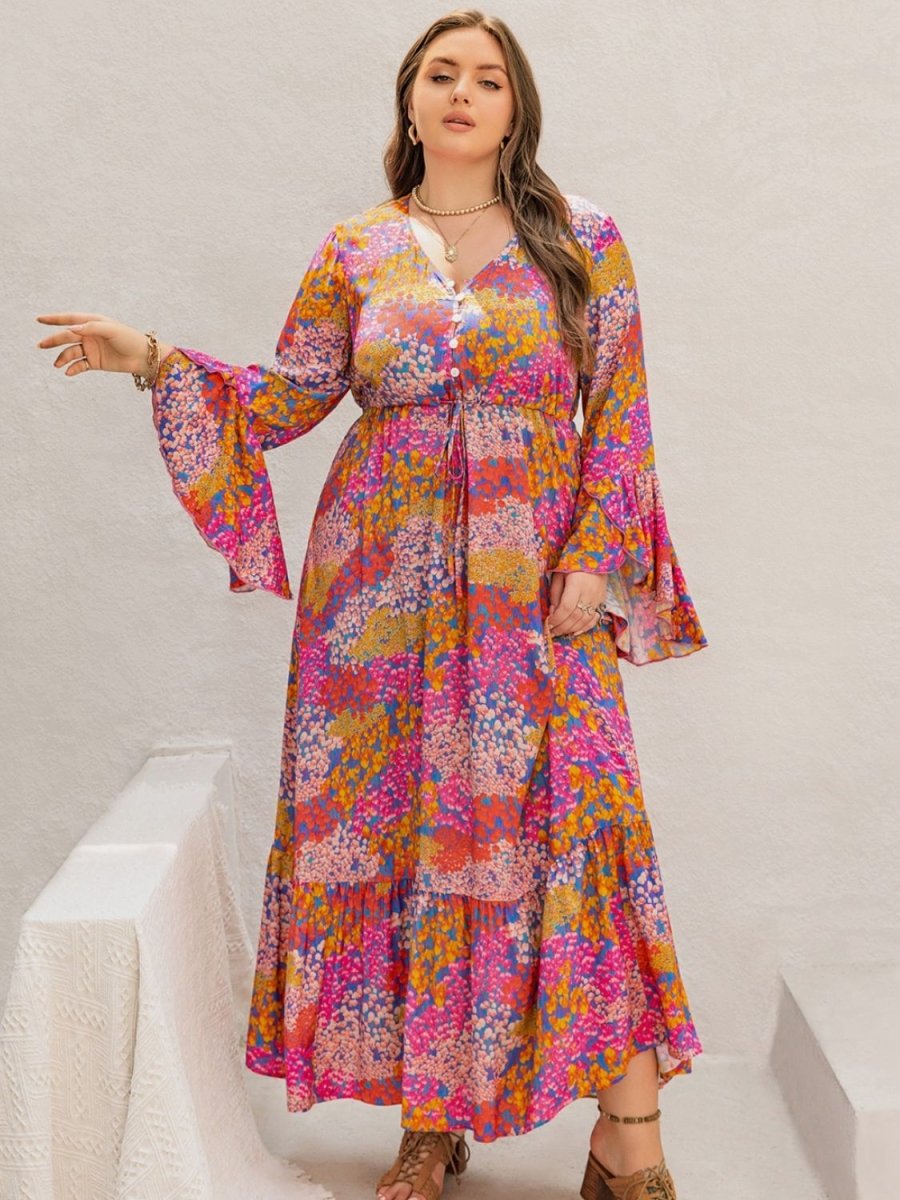 Plus Size Printed V - Neck Long Sleeve Maxi Dress | Maxi Dresses | 4