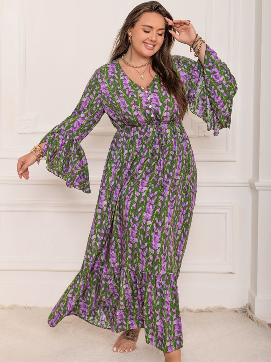 Plus Size Printed V - Neck Long Sleeve Maxi Dress | Maxi Dresses | 8