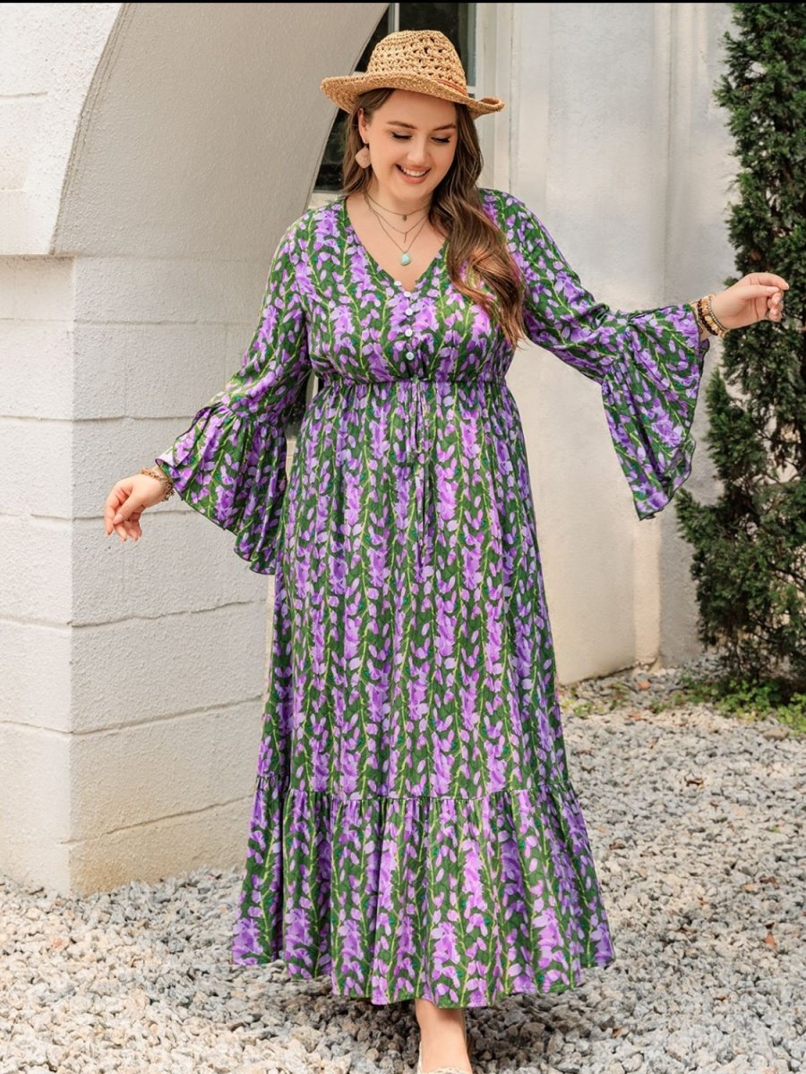 Plus Size Printed V - Neck Long Sleeve Maxi Dress | Maxi Dresses | 11