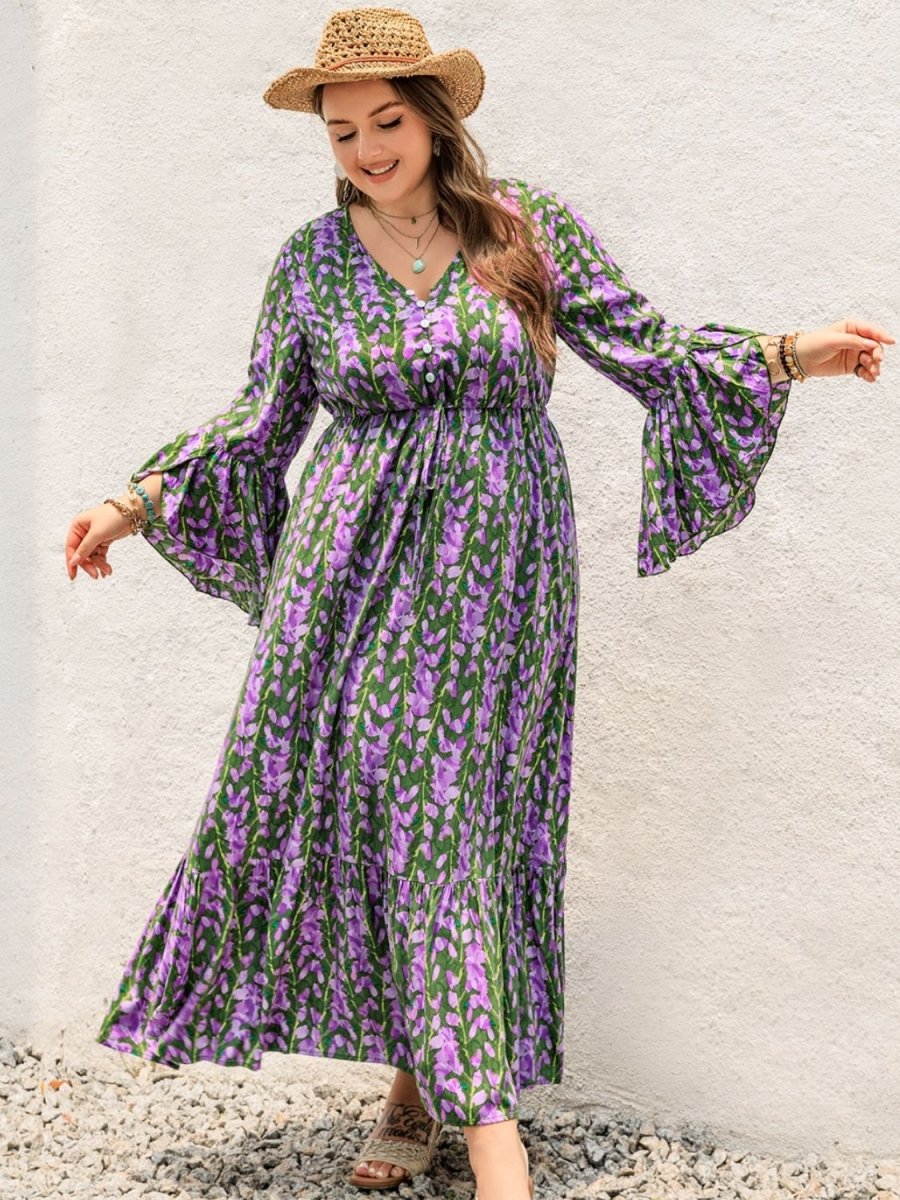 Plus Size Printed V - Neck Long Sleeve Maxi Dress | Maxi Dresses | 7