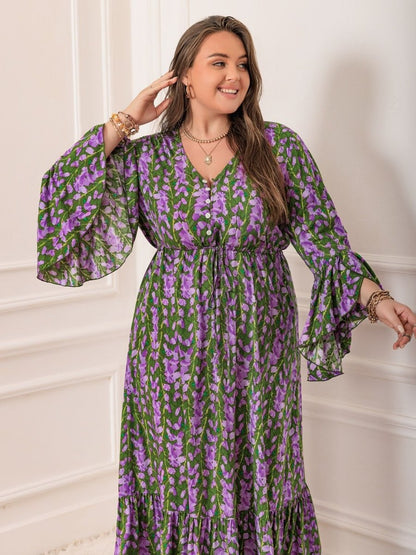 Plus Size Printed V - Neck Long Sleeve Maxi Dress | Maxi Dresses | 12