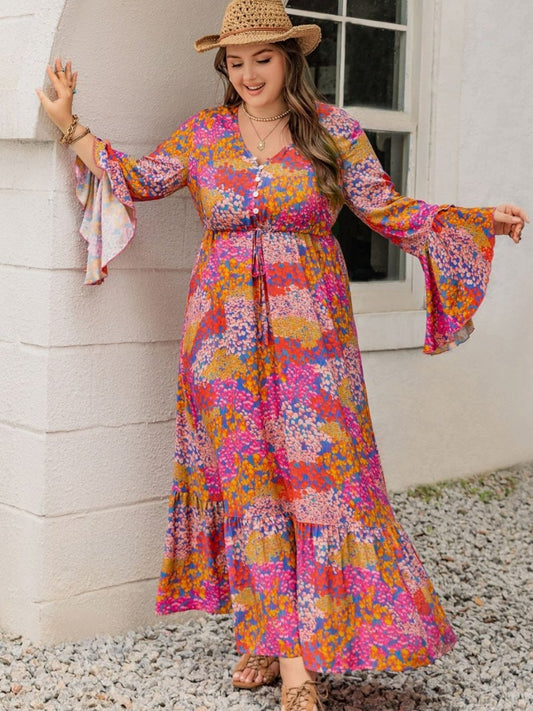 Plus Size Printed V - Neck Long Sleeve Maxi Dress | Maxi Dresses | 1