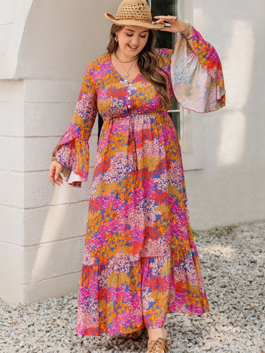 Plus Size Printed V - Neck Long Sleeve Maxi Dress | Maxi Dresses | 3