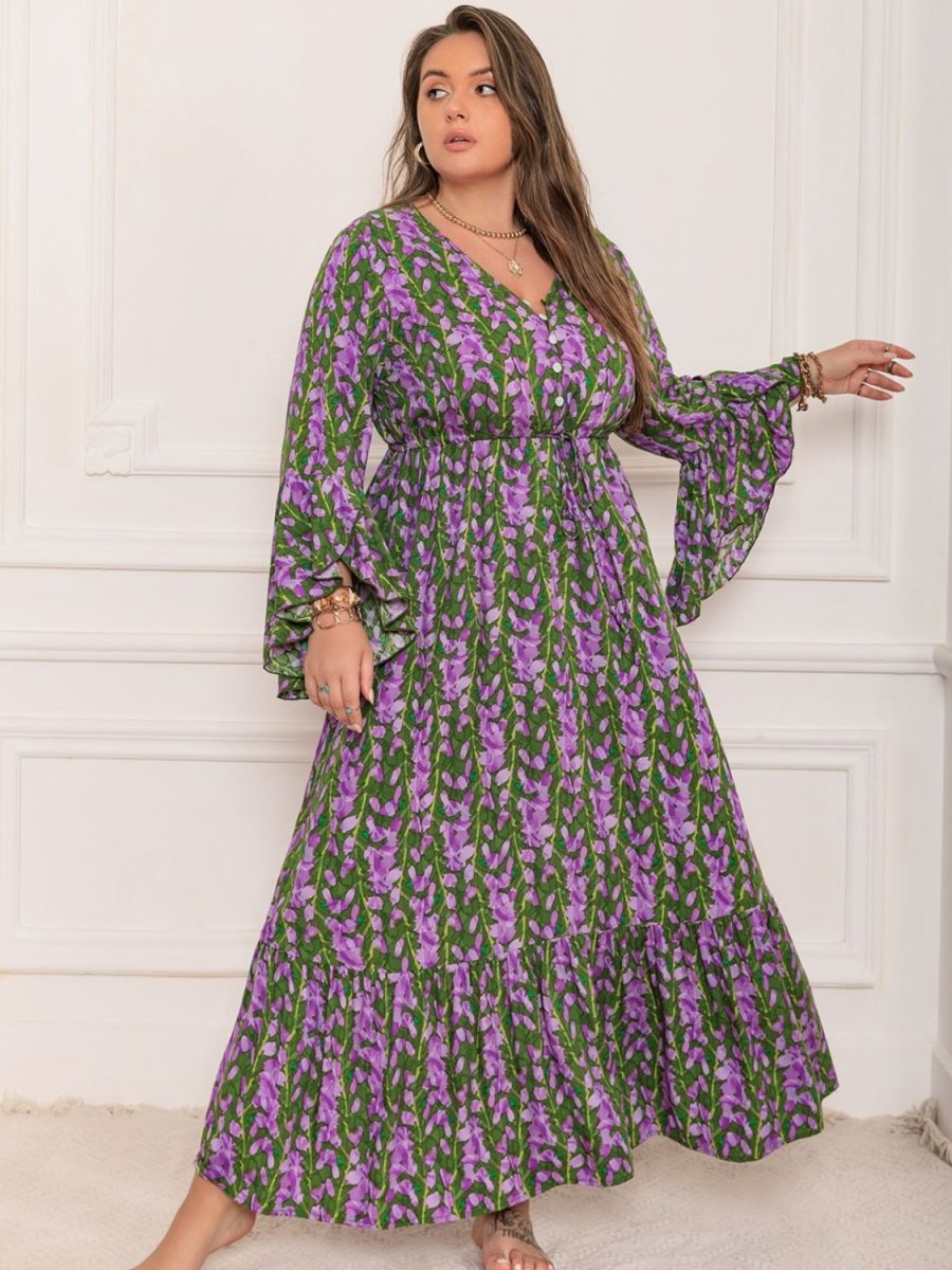 Plus Size Printed V - Neck Long Sleeve Maxi Dress | Maxi Dresses | 9