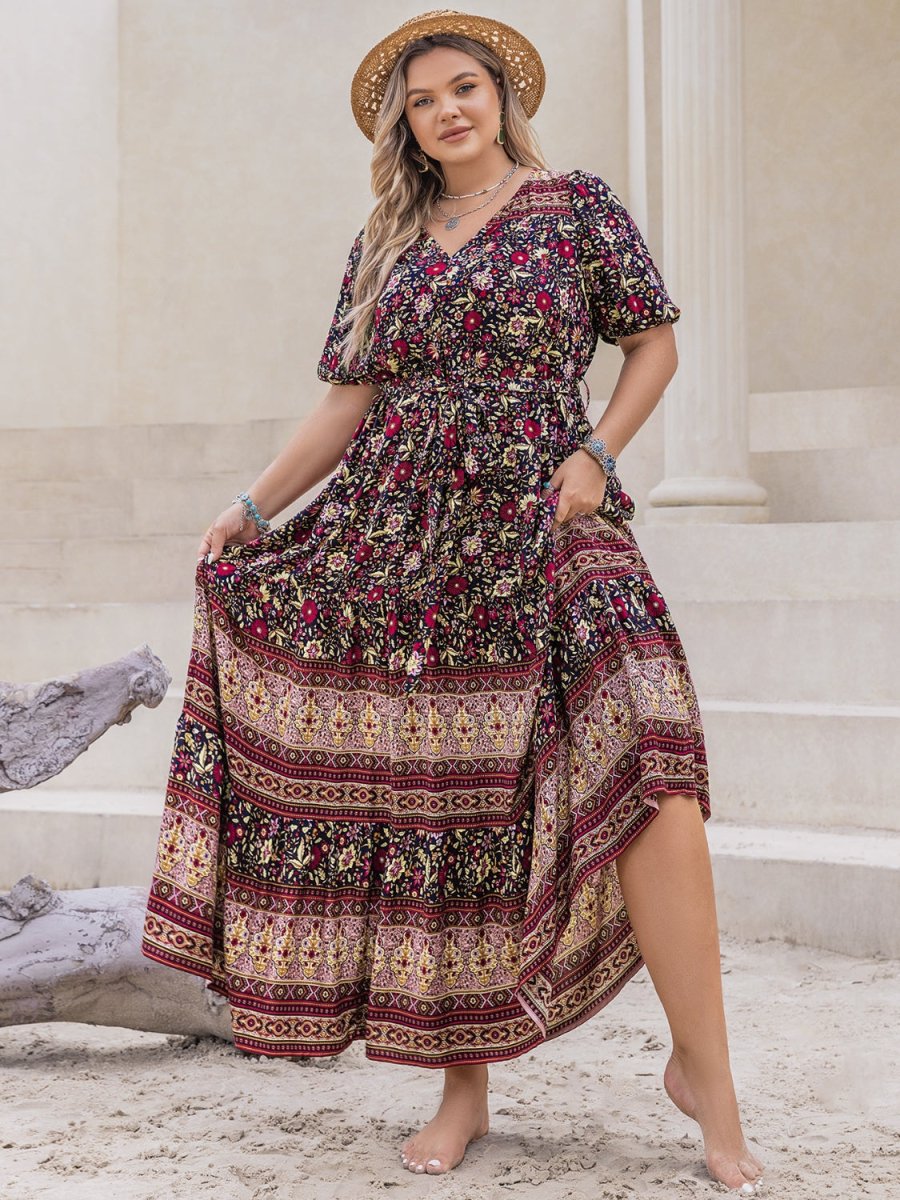 Plus Size Printed V - Neck Short Sleeve Maxi Dress | Maxi Dresses | 1