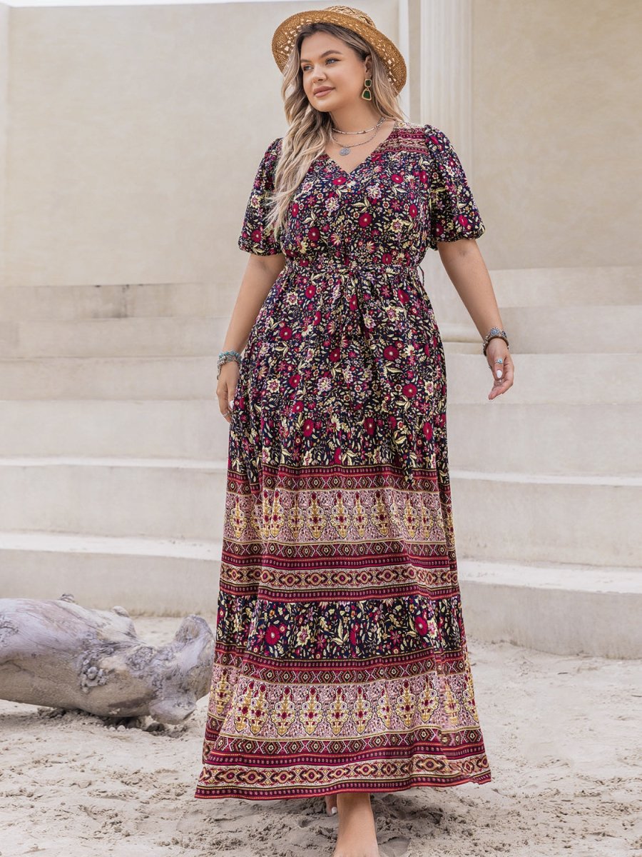 Plus Size Printed V - Neck Short Sleeve Maxi Dress | Maxi Dresses | 4