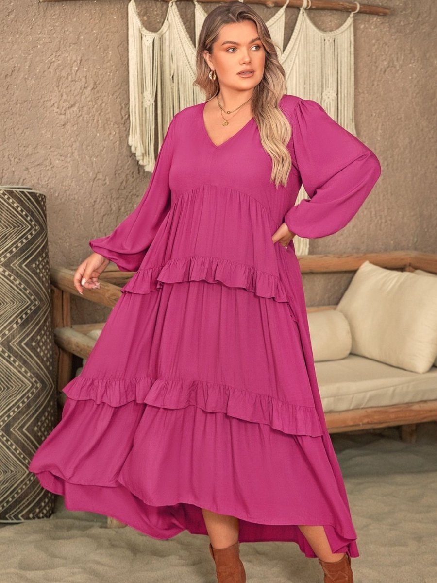 Plus Size Ruffled V - Neck Long Sleeve Dress | Maxi Dresses | 3