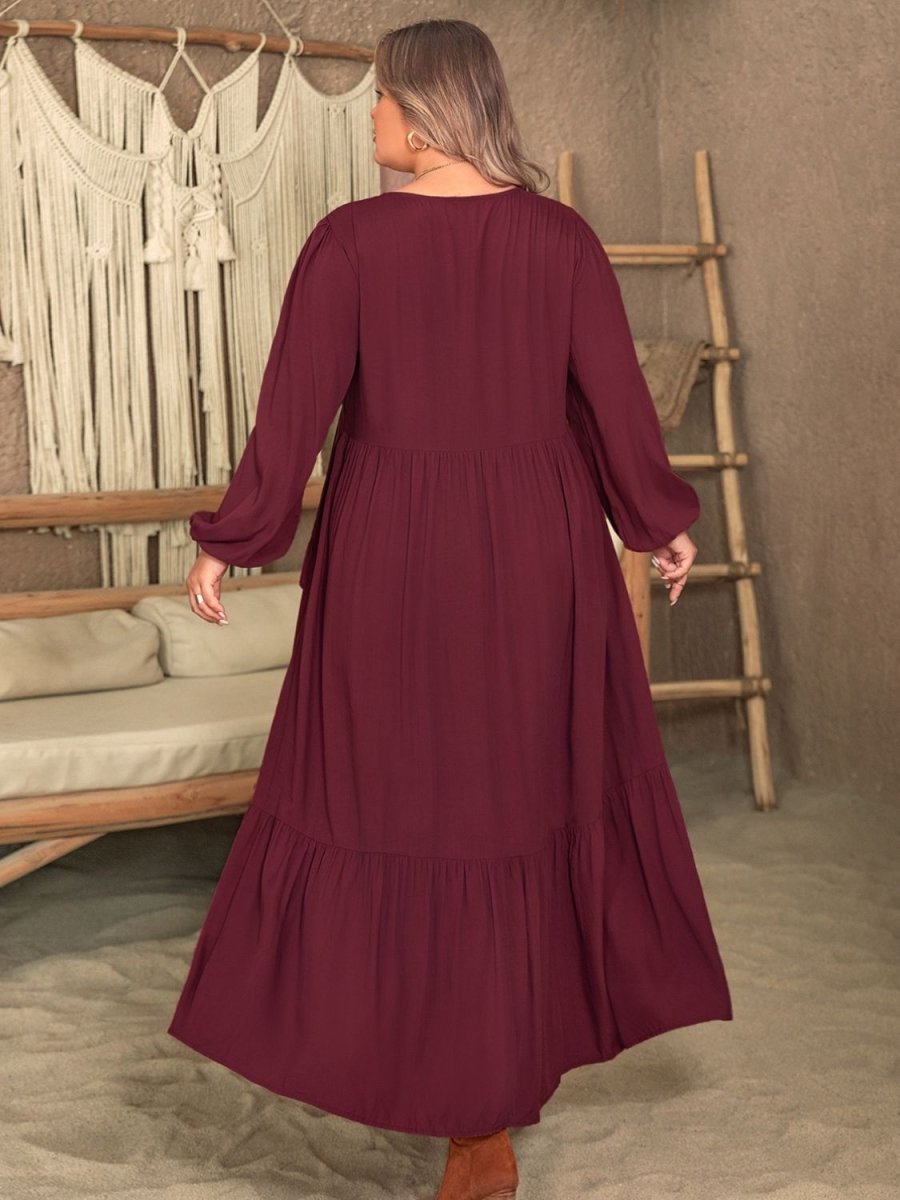 Plus Size Ruffled V - Neck Long Sleeve Dress | Maxi Dresses | 10