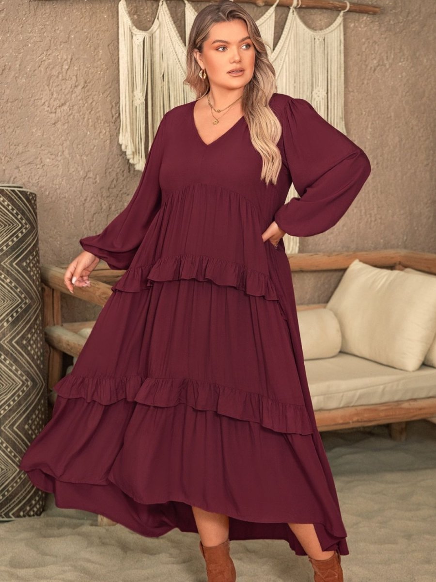 Plus Size Ruffled V - Neck Long Sleeve Dress | Maxi Dresses | 12