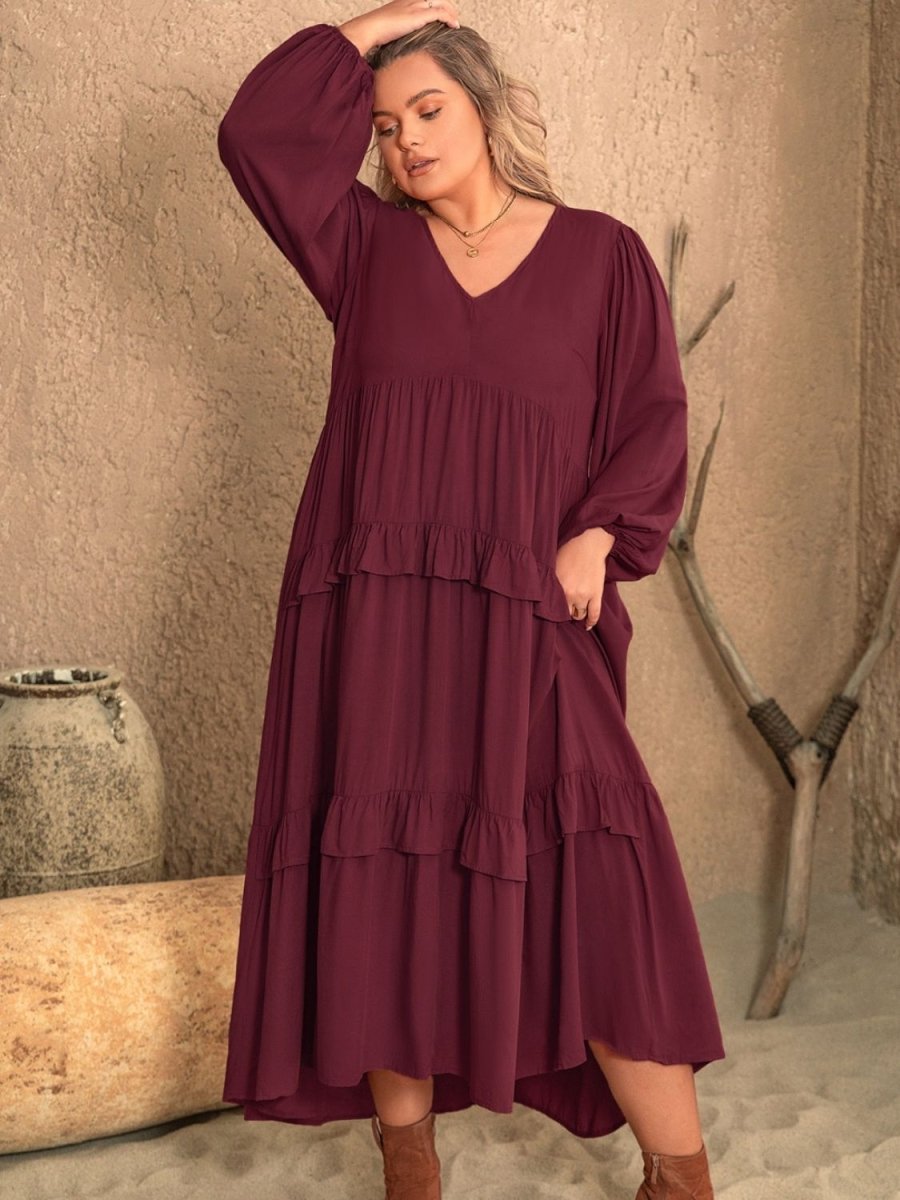 Plus Size Ruffled V - Neck Long Sleeve Dress | Maxi Dresses | 9