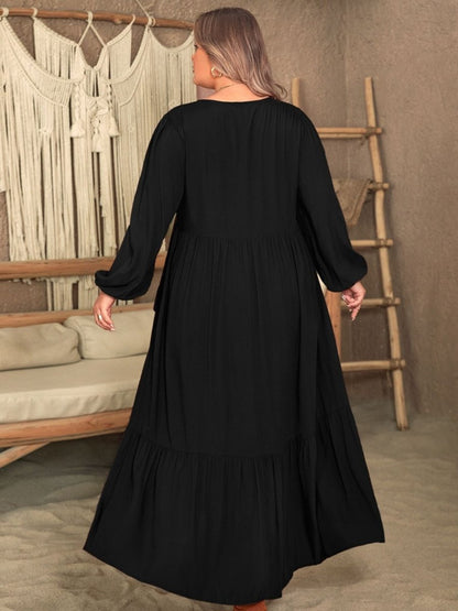 Plus Size Ruffled V - Neck Long Sleeve Dress | Maxi Dresses | 6