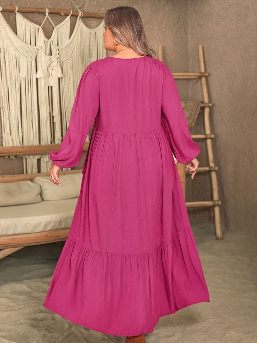 Plus Size Ruffled V - Neck Long Sleeve Dress | Maxi Dresses | 2