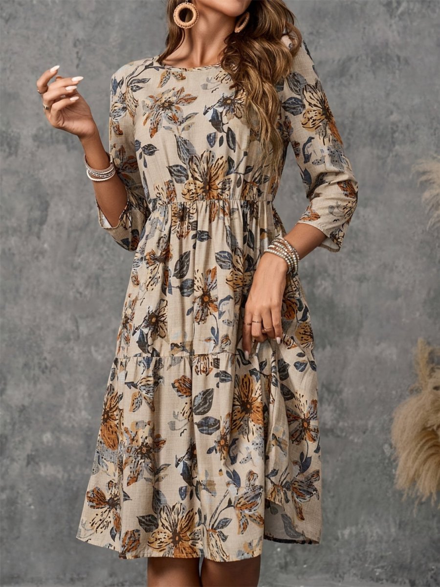 Printed Round Neck Three - Quarter Sleeve Dress | Midi Dresses | 4