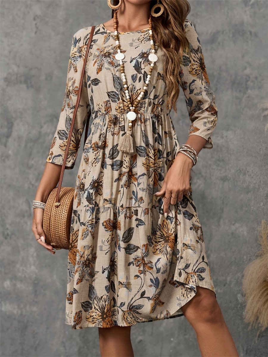 Printed Round Neck Three - Quarter Sleeve Dress | Midi Dresses | 5