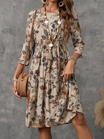 Printed Round Neck Three - Quarter Sleeve Dress | Midi Dresses | 5