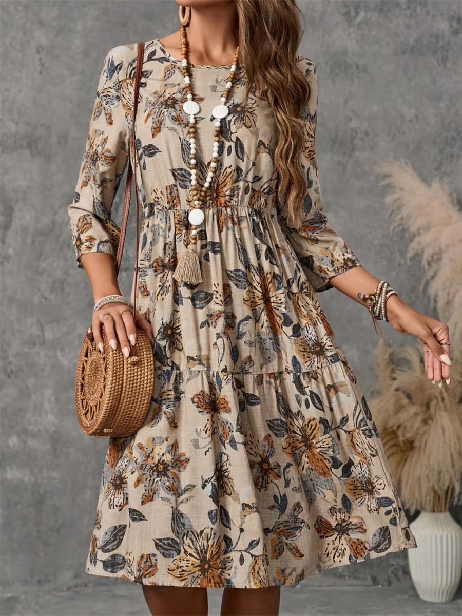 Printed Round Neck Three - Quarter Sleeve Dress | Midi Dresses | 3