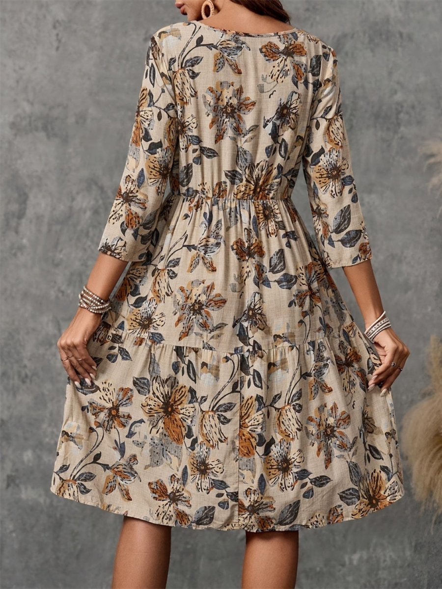 Printed Round Neck Three - Quarter Sleeve Dress | Midi Dresses | 2