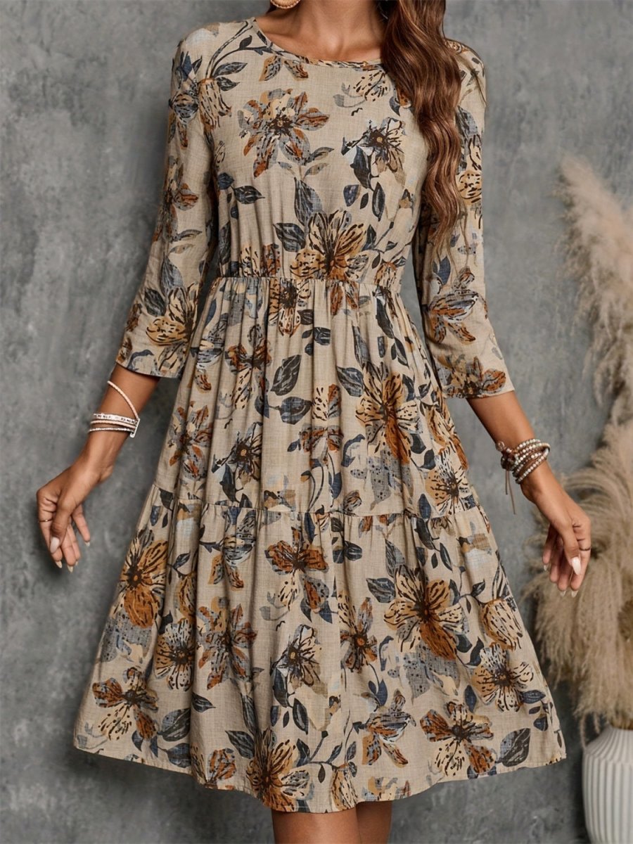 Printed Round Neck Three - Quarter Sleeve Dress | Midi Dresses | 1