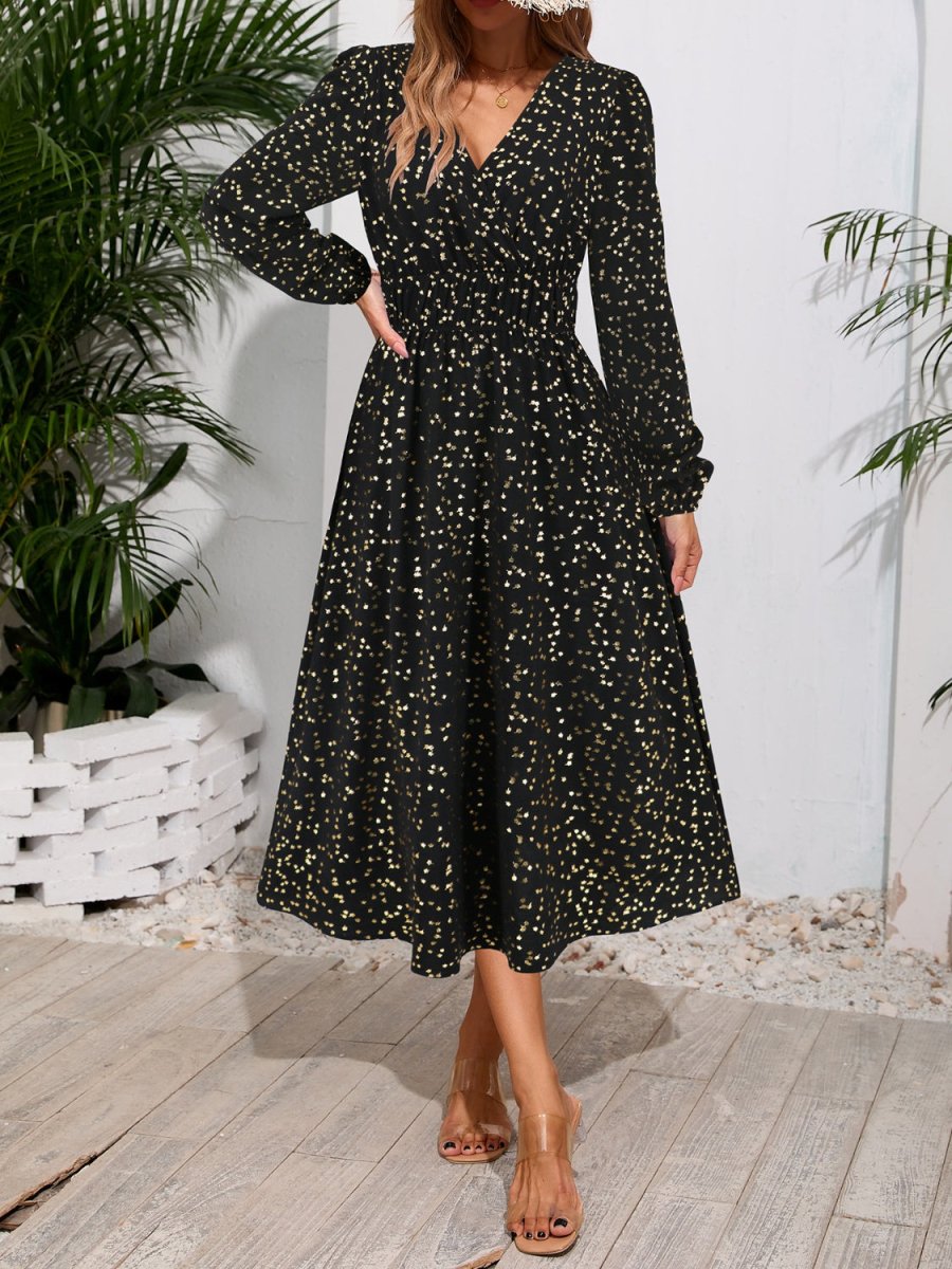 Printed Surplice Long Sleeve Midi Dress | Midi Dresses | 11