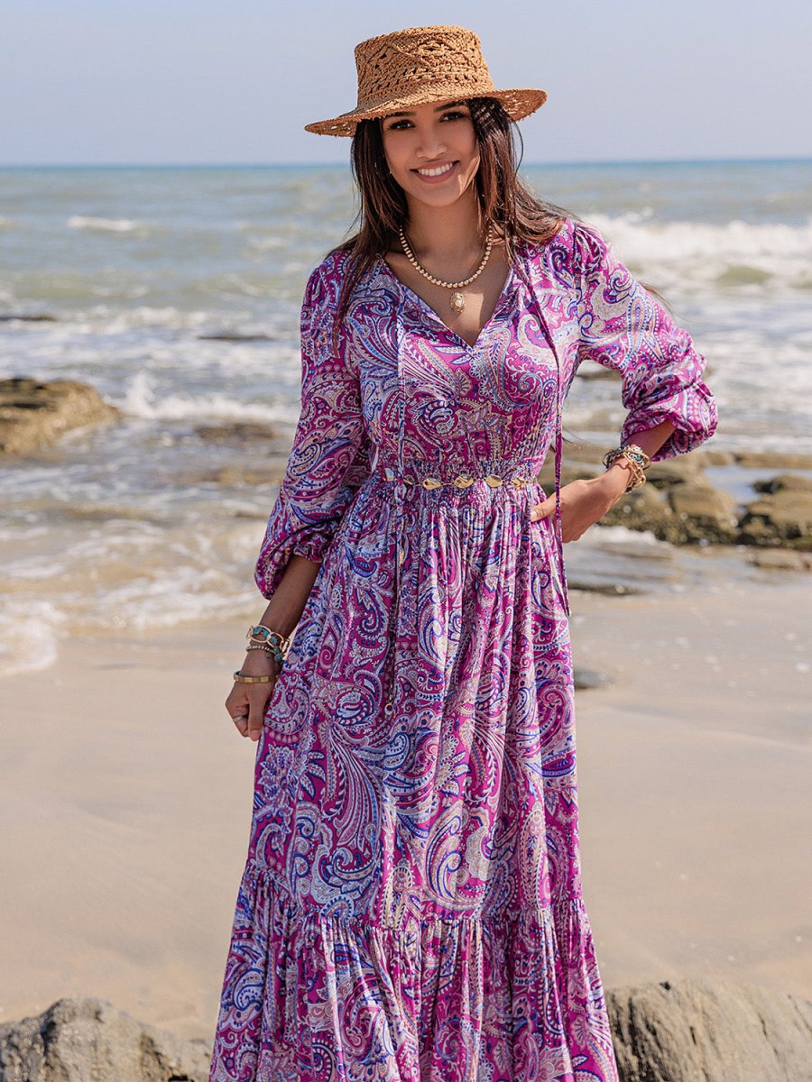 Printed Tie Neck Balloon Sleeve Maxi Dress | Maxi Dresses | 3