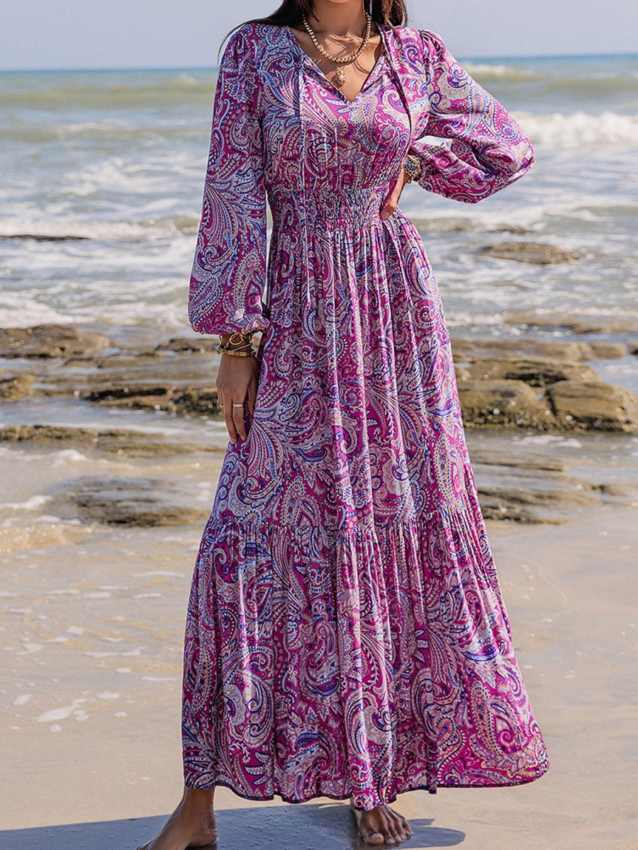 Printed Tie Neck Balloon Sleeve Maxi Dress | Maxi Dresses | 4