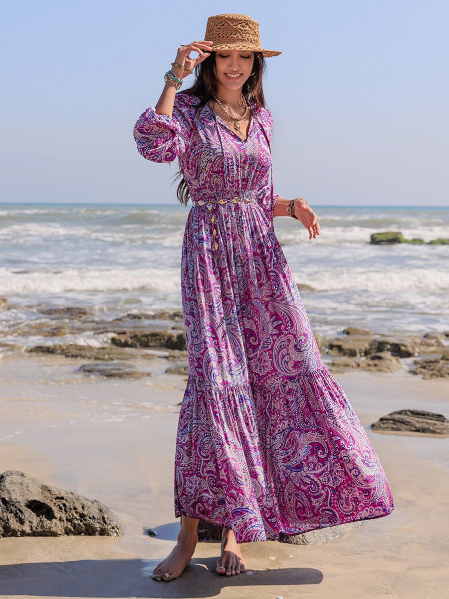 Printed Tie Neck Balloon Sleeve Maxi Dress | Maxi Dresses | 6