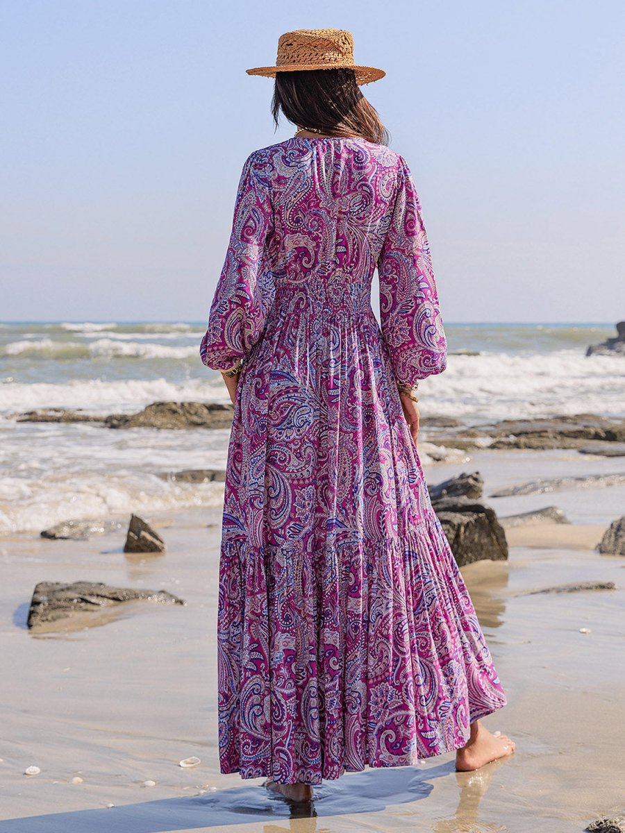 Printed Tie Neck Balloon Sleeve Maxi Dress | Maxi Dresses | 2