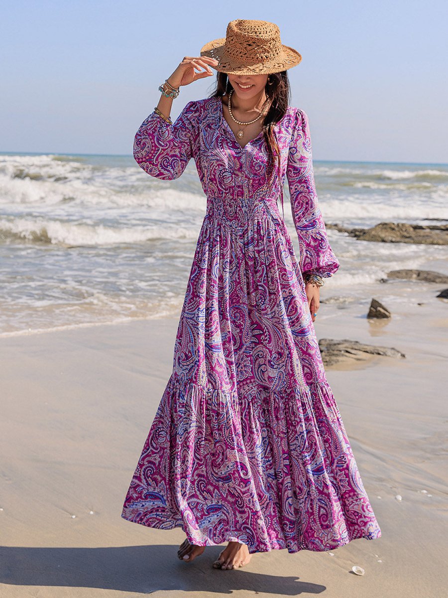 Printed Tie Neck Balloon Sleeve Maxi Dress | Maxi Dresses | 5