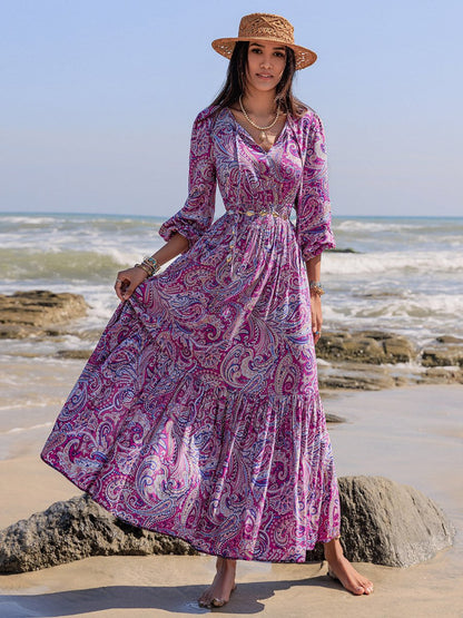 Printed Tie Neck Balloon Sleeve Maxi Dress | Maxi Dresses | 1