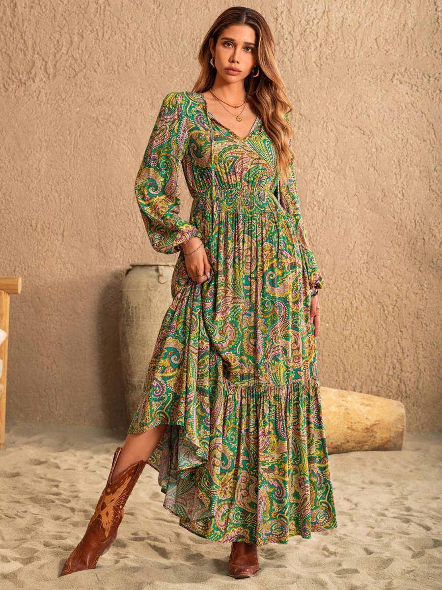 Printed Tie Neck Long Sleeve Dress | Maxi Dresses | 1