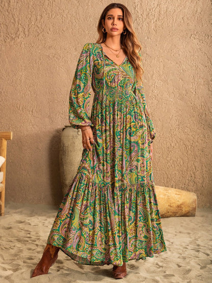 Printed Tie Neck Long Sleeve Dress | Maxi Dresses | 3