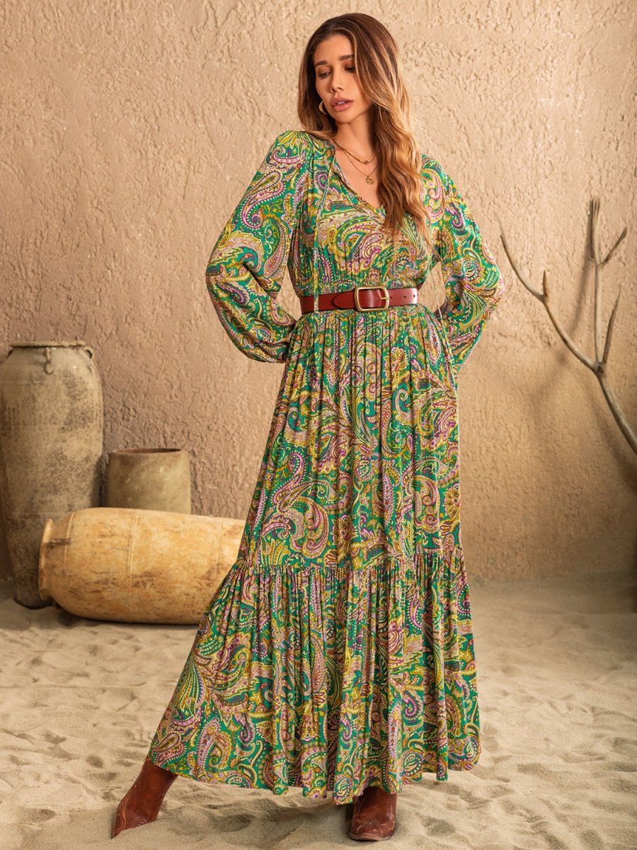 Printed Tie Neck Long Sleeve Dress | Maxi Dresses | 5