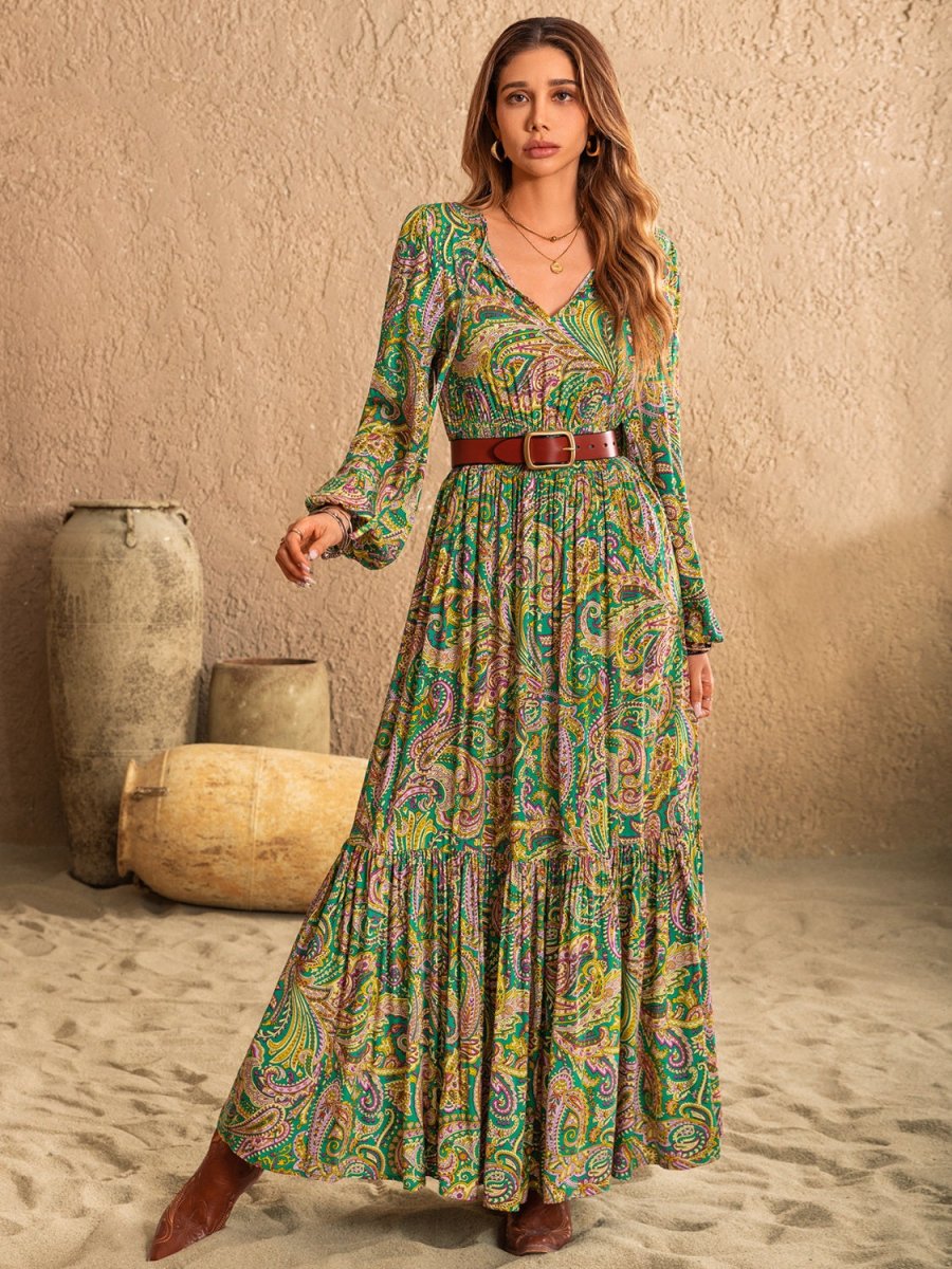 Printed Tie Neck Long Sleeve Dress | Maxi Dresses | 4