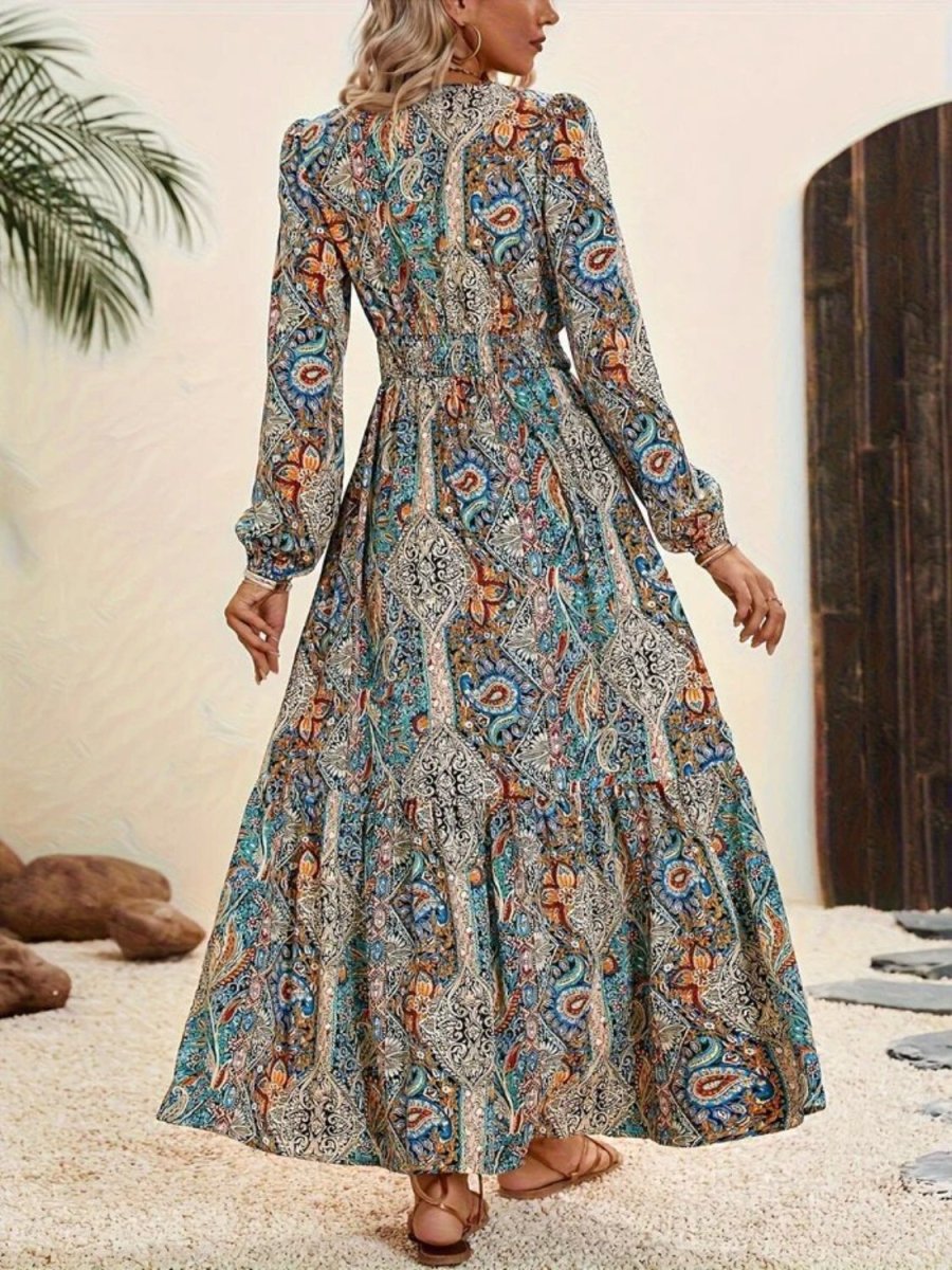 Printed Tie Neck Long Sleeve Maxi Dress | Maxi Dresses | 2