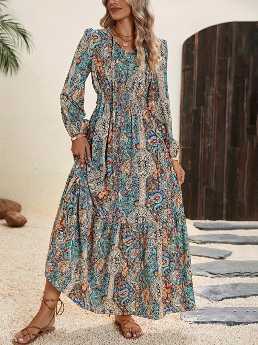 Printed Tie Neck Long Sleeve Maxi Dress | Maxi Dresses | 1