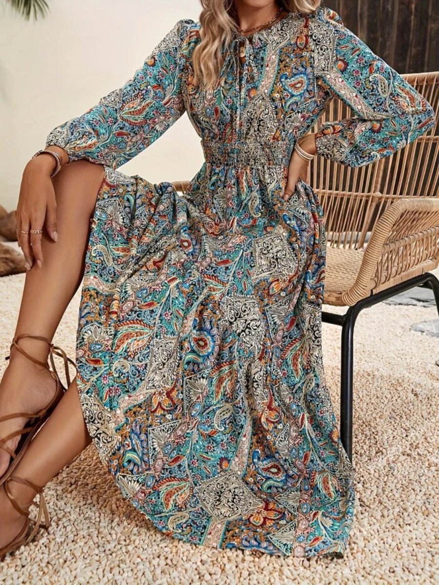 Printed Tie Neck Long Sleeve Maxi Dress | Maxi Dresses | 3