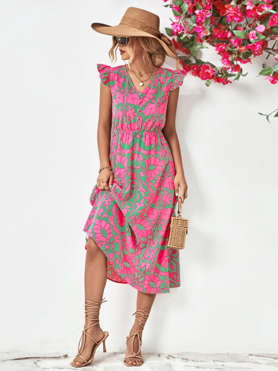 Printed V - Neck Cap Sleeve Dress | Midi Dresses | 5