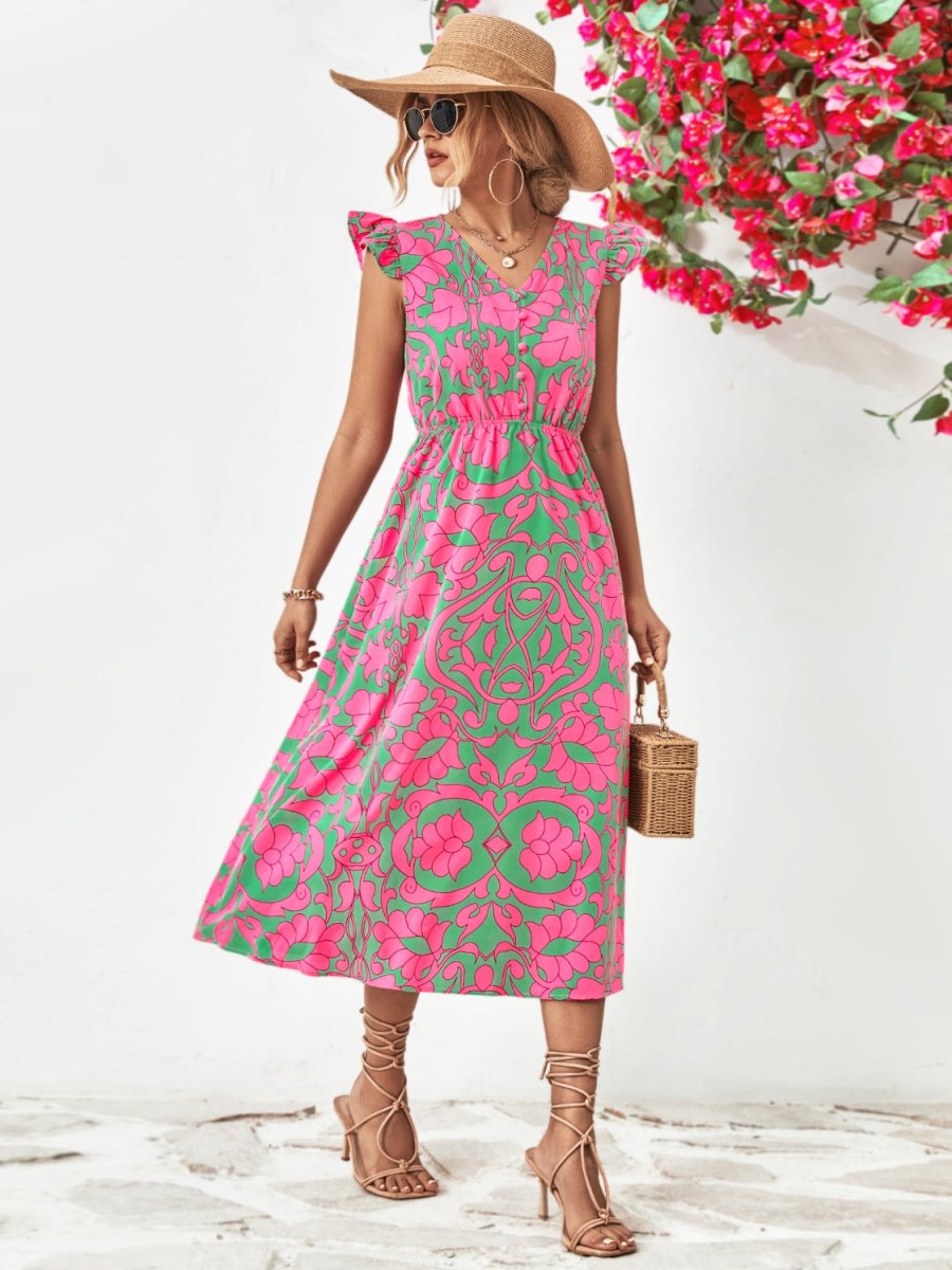 Printed V - Neck Cap Sleeve Dress | Midi Dresses | 4